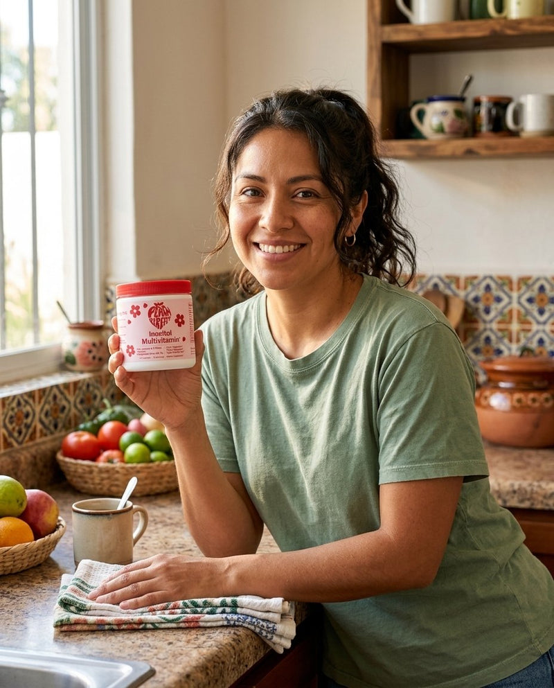 Karina en su cocina con el bote de Happy Hormones
