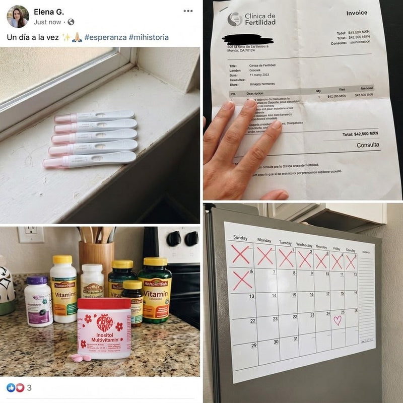 Pruebas de embarazo, análisis, suplementos y un calendario tachado