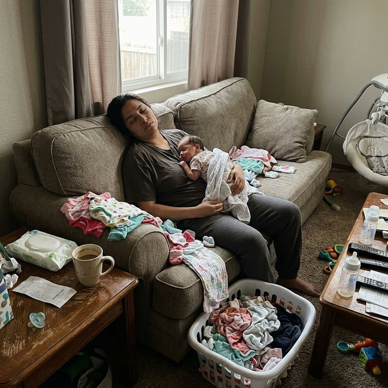 Mamá dormida en el sofá con su bebé y la ropa sin doblar