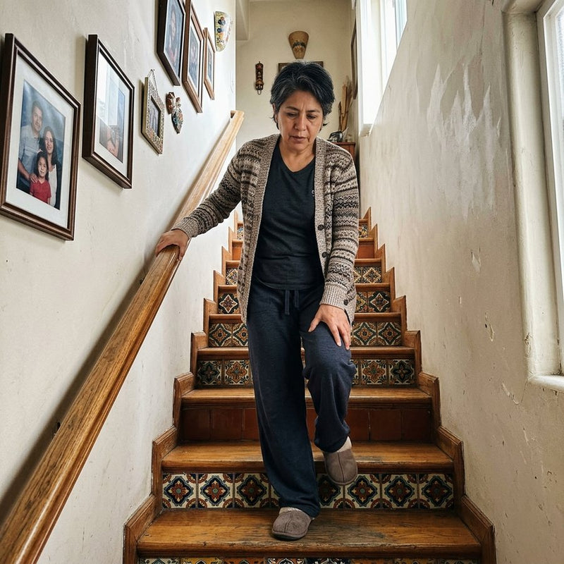 Mujer de 50 años en la escalera tocándose la rodilla