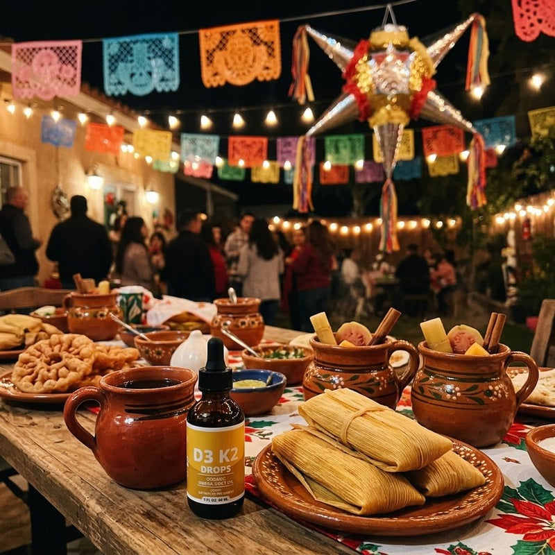 AURÉA en la mesa de una posada con ponche y tamales