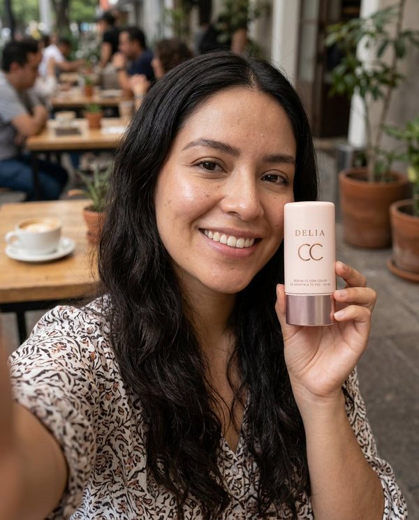 Clienta en un café enseñando DELIA