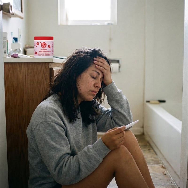 Una mujer sentada en el suelo del baño con una prueba negativa