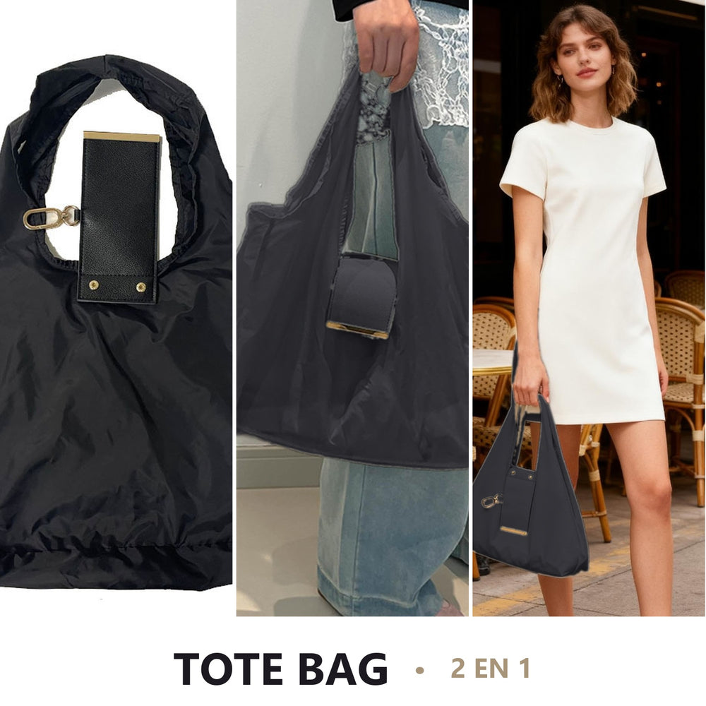 Tote bag 2 en 1: monedero, bolsa desplegada y en uso