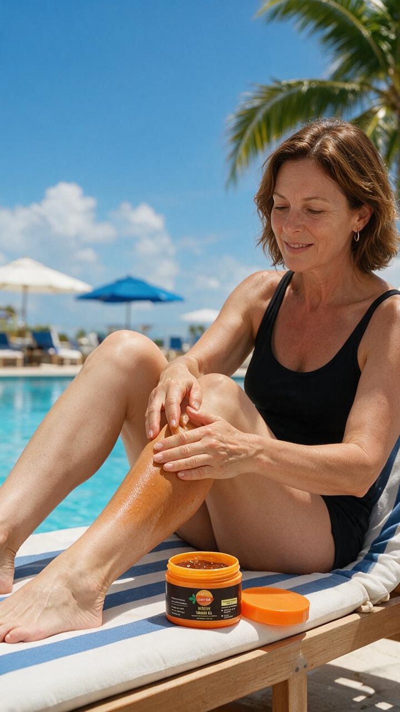 Mujer aplicándose gel bronceador en la tumbona